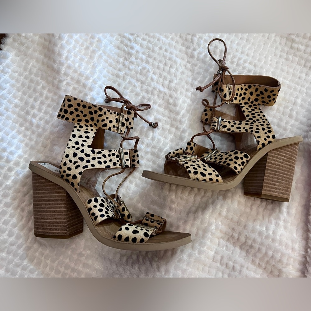 Dolce Vita Calf Hair Tan and Black Lace-Up Heels